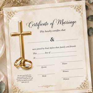 Könnte beinhalten: Eine cremefarbene Heiratsurkunde mit goldenen Filigran-Ecken, einem goldenen Kreuz und zwei goldenen Eheringen. Der Text lautet Certificate of Marriage, This hereby certifies that, were joined by God, before their family and friends, und Ephesians 5:31.