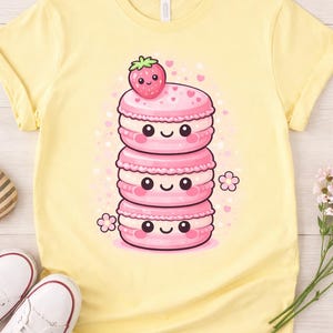 Imagen PNG de una pila de macarons de fresa estilo kawaii – Imágenes prediseñadas de postres en tonos pastel (descarga digital)