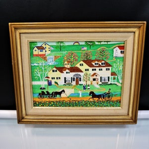 Vintage Art Americana Art folklorique primitif Art naïf BHC signé peinture sur toile