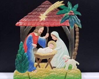 Nativity Manger Scene German Christmas Die Cut Embossed Calendar Top 1940s Vintage