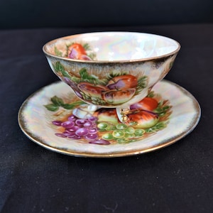 Japan Lusterware Vintage Cup Saucer Set Iridescent Fruit Pattern Footed Cup