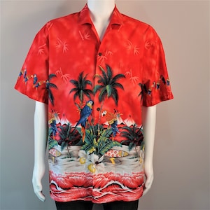 Hawaiian Aloha Shirt Vintage KY's Border Print Red Loud Mod