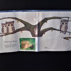 May include: An open paper craft kit featuring a whimsical illustration of owls perched on a tree branch. The text "Haunting Hoots" is displayed, along with a small purse box and pine cones. The color palette includes brown, white, and green.
