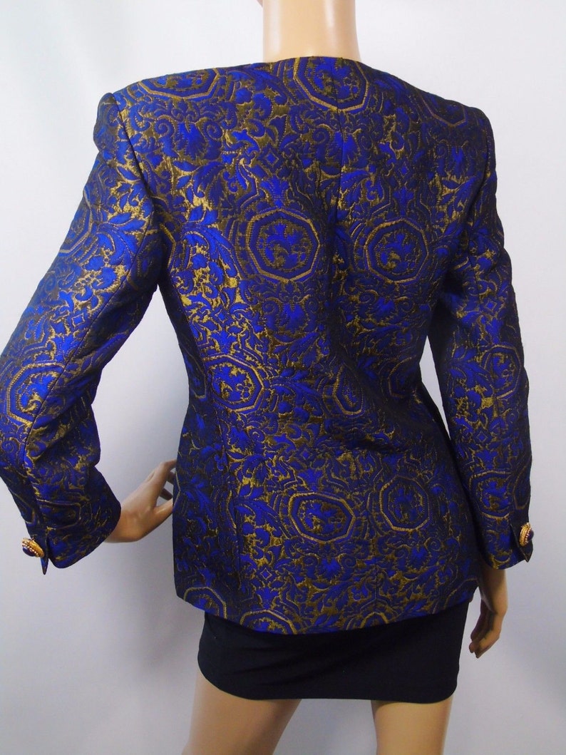 Vintage Genny Mod Jacket Italian Designer Fashion Label Royal Blue Bronzed Gold Brocade Haute Couture