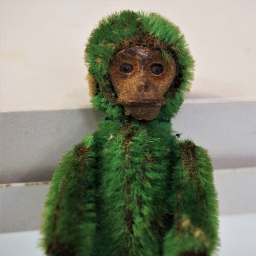1920s Schuco Piccolo Monkey Jointed Green Mohair and Felt Chimp 3 1/2