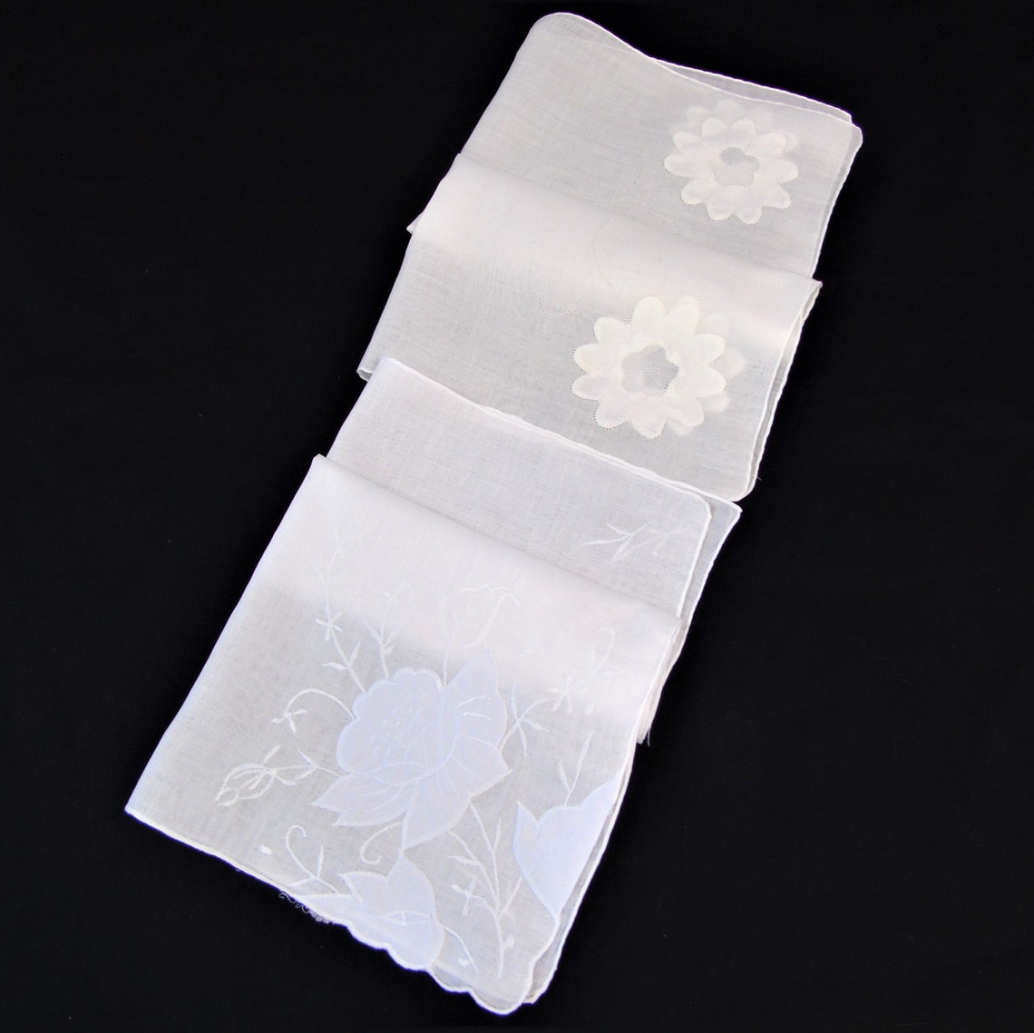 Vintage Linen Handkerchiefs White Applique Embroidered Etsy