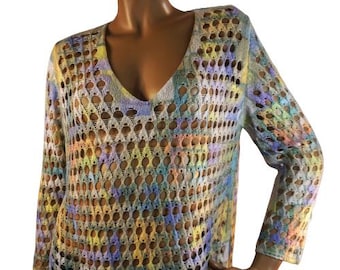 Fisherman Tunic Sweater Open Stitch Multicolor Crochet Boho Sz L