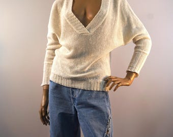 Boston Proper Fisherman Sweater Oversized XS Cream Knit Drop Shoulder V Neck