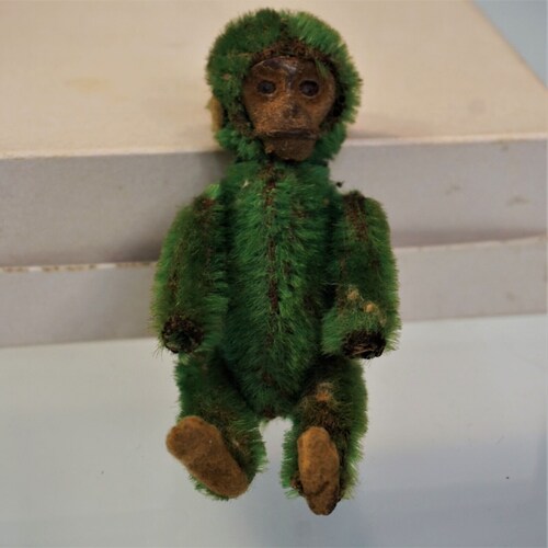 1920s Schuco Piccolo Monkey Jointed Green Mohair and Felt Chimp 3 1/2
