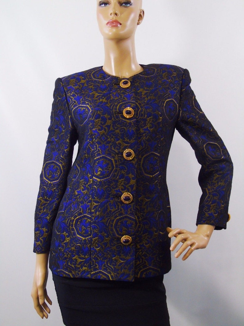 Vintage Genny Mod Jacket Italian Designer Fashion Label Royal Blue Bronzed Gold Brocade Haute Couture