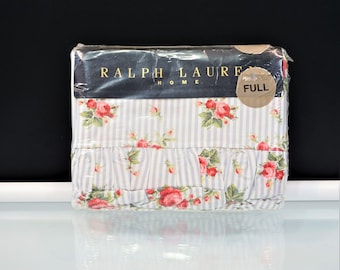 Lauren Ralph Lauren Emma Pattern Vintage Bed Sheet Floral Ruffled Edge Full Flat Sheet USA Made New Old Stock Combed Cotton 200 TC