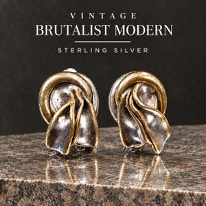 May include: A pair of sterling silver earrings featuring a textured, mixed-metal design with gold-toned accents. The earrings display a circular frame with flowing, organic shapes. The text VINTAGE BRUTALIST MODERN STERLING SILVER is visible.