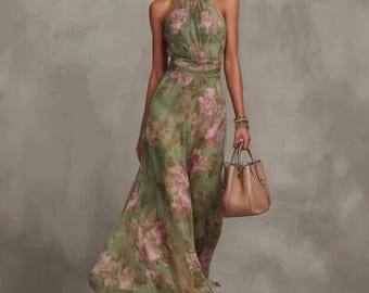 Pleated Mesh Floral Maxi Dress Women, Halter Neck Printed Dress, Hip Hugging Long Dress, Summer Elegant Polyester Evening Dress