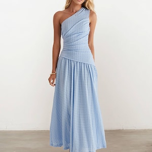 pale blue woven asymmetric pleated maxi dress Asymmetrical pleated maxi dress Blue For Women