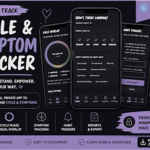 May include: A digital cycle and symptom tracker app interface displayed on four smartphones against a dark purple background. The screens show features like energy check-ins, cycle overlays, habit triggers, and health reports with text.