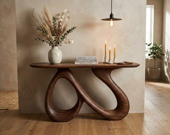 Mesa de consola escultural em madeira maciça – Mobiliário orgânico para hall de entrada estilo japonês