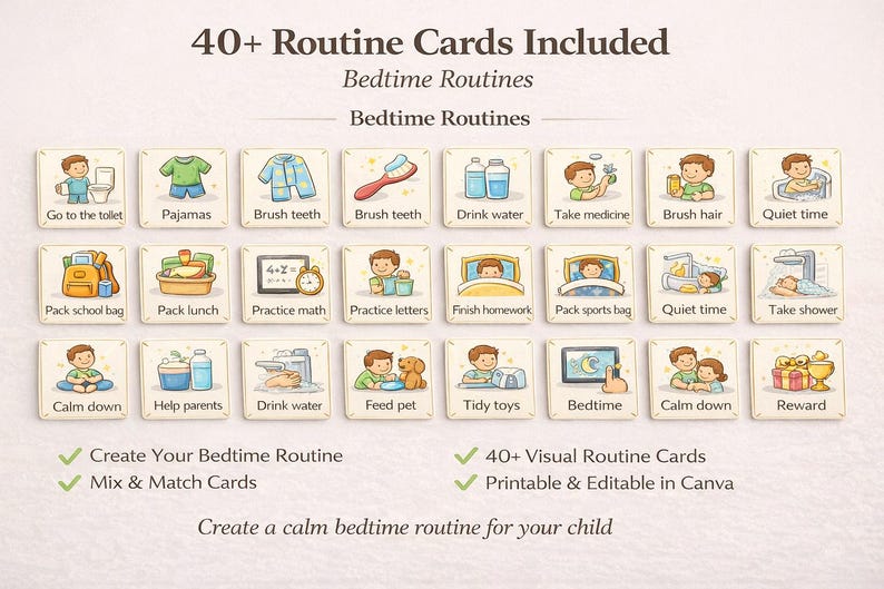 Kids Bedtime Routine Chart | Visual Schedule, Toddler, Editable ...