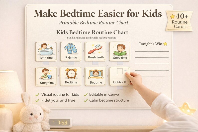 Kids Bedtime Routine Chart | Visual Schedule, Toddler, Editable ...