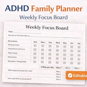 Planejador Familiar para TDAH (Imprimir) | Quadro de Foco Semanal | Agenda Familiar e Rastreador de Tarefas | PDF de Rotina Visual