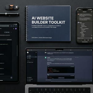 Puede incluir: Un espacio de trabajo oscuro que incluye un cuaderno de espiral titulado AI WEBSITE BUILDER TOOLKIT, una tableta con código, un portátil con una interfaz de chat, dos teléfonos inteligentes, una pluma estilográfica y una taza oscura.