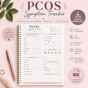 May include: A spiral-bound PCOS Symptom Tracker planner with sections for symptoms, cycle, mood, meals, and lifestyle. The page features text including PCOS Symptom Tracker, Hormone Health Planner, Meal Log, and Cycle Tracker. Includes a rose gold pen.