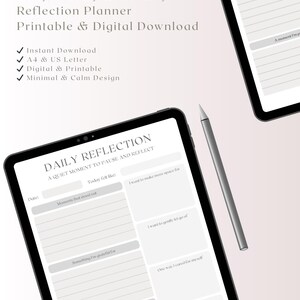 Może przedstawiać: Cyfrowy planer refleksji o minimalistycznym designie. Planer zawiera sekcje do codziennych, tygodniowych i miesięcznych refleksji. Tekst na planerze brzmi "Codzienna refleksja: Chwila wytchnienia, by się zatrzymać i zastanowić."