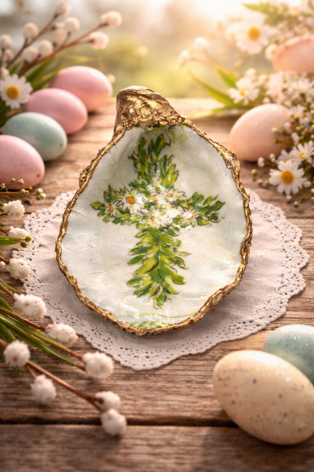 Easter Cross Oyster Shell Dish – Floral Decoupage Trinket Dish With ...