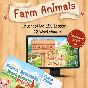 Op de afbeelding: Een educatieve bron met de titel "Farm Animals" op een banner. De afbeelding bevat een computerscherm met boerderijdieren, werkbladen en de tekst "Interactive ESL Lesson + 22 Worksheets". Een rode badge zegt "Interactive & Fun!"