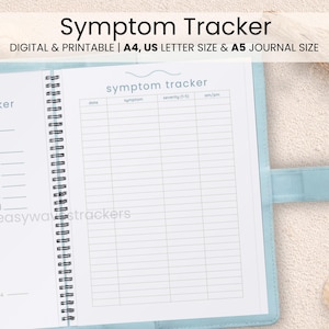 Puede incluir: Un diario azul claro para el seguimiento de síntomas, abierto en una página en blanco con una tabla de seguimiento de síntomas. El diario está encuadernado en espiral e incluye el texto "Symptom Tracker" y "DIGITAL & PRINTABLE | A4, US LETTER SIZE & A5 JOURNAL SIZE".