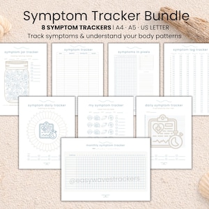 Puede incluir: Un paquete de ocho rastreadores de síntomas en papel blanco, con el texto "Symptom Tracker Bundle" en la parte superior. Los rastreadores incluyen un rastreador de frascos de síntomas, rastreadores diarios y un rastreador mensual. La imagen está sobre una superficie arenosa.