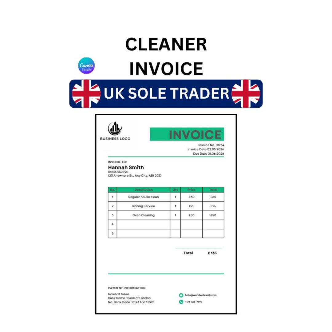 Cleaning Invoice Template UK | Editable Canva Invoice for Cleaners ...