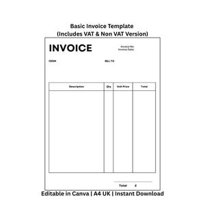Puede incluir: Una plantilla de factura en blanco y negro con la palabra "INVOICE" en negrita en la parte superior. La plantilla incluye campos para el número de factura, la fecha, "FROM", "BILL TO", la descripción, la cantidad, el precio unitario y el total. El texto en la parte inferior dice "Editable in Canva | A4 UK | Instant Download."