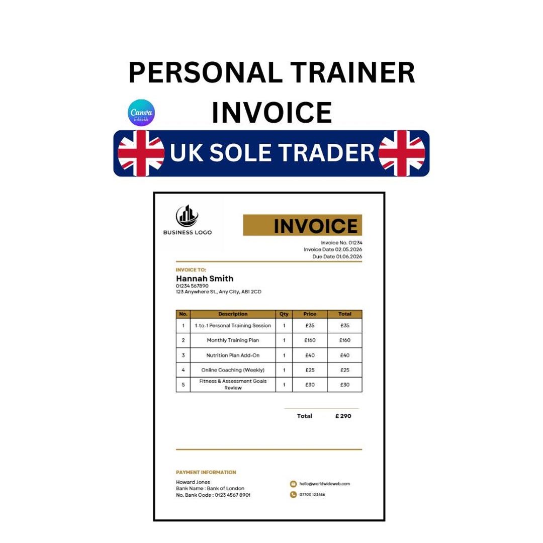 Personal Trainer Invoice Template UK | Fitness Coach Invoice | Editable ...