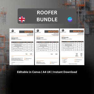 Roofer Template Bundle UK | Quote Invoice Receipt Set | Editable Roofing Forms | Canva Download