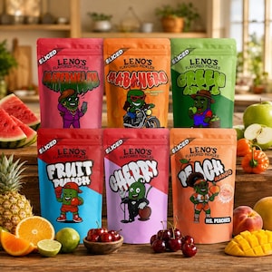 May include: Six stand-up pouches of Leno's Flavored Pickles in Watermelon, Habanero, Green Apple, Fruit Punch, Cherry, and Peach Mango flavors. Each bag features a cartoon pickle character and the word SLICED printed in the top left corner.