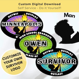 Puede incluir: Descarga digital con logotipos personalizados con el tema de Survivor. El diseño incluye logotipos ovalados con texto como "Minneapolis", "Owen" y "Survivor", cada uno con un gráfico de antorcha y una silueta. También está presente el texto "Customize Your Own Survivor Logo".
