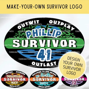 Puede incluir: Gráfico de logotipo de Survivor para diseñar. El diseño principal es un óvalo con las palabras "OUTWIT, OUTPLAY, OUTLAST" y "SURVIVOR" en texto grande. El diseño incluye un nombre y un número. Se muestran logotipos de muestra adicionales.