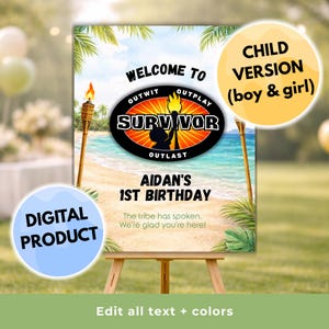 Puede incluir: Un letrero de producto digital con temática de playa, con el texto "Welcome to Survivor" y "1st Birthday de Aidan". El letrero incluye un logotipo con una antorcha y las palabras "Outwit, Outplay, Outlast". El texto adicional dice "Child Version (boy & girl)" y "Digital Product".