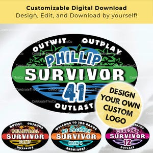 Op de afbeelding: Een digitaal downloadontwerp met een aanpasbaar Survivor-thema logo. Het ontwerp bevat tekst zoals "Outwit, Outplay, Outlast" en de naam "Phillip" met het nummer "41". Extra ontwerpen worden getoond met verschillende namen en thema's.