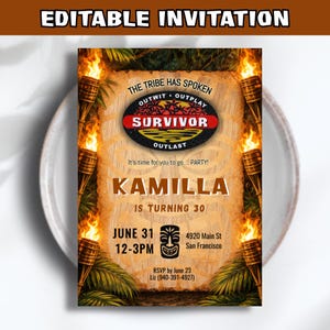 Puede incluir: Una tarjeta de invitación editable con un diseño temático de Survivor, fondo de textura de madera, antorchas encendidas a los lados y hojas de palma verdes. El texto dice: THE TRIBE HAS SPOKEN, SURVIVOR, KAMILLA IS TURNING 30, JUNE 31, 12-3PM.