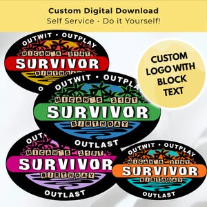 Puede incluir: Descarga digital con varios diseños ovalados con el texto "Survivor" y "Micah's 21st Birthday". Los diseños incluyen las frases "Outwit, Outplay, Outlast". Cada diseño tiene un esquema de color diferente, incluyendo rojo, verde, morado y naranja.