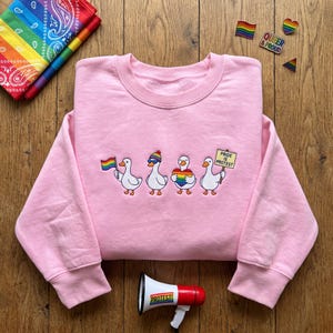 Embroidered Pride Is Protest Duck Sweatshirt, Rainbow LGBTQ Activist Hoodie, Cute Queer Pride Ducks Crewneck, Equality Support Pullover
