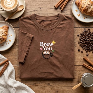Peut inclure: Un t-shirt marron à manches courtes avec un motif brodé sur la poitrine. Le design comprend le texte blanc "Brew You" au-dessus d'une tasse de café marron, un petit soleil jaune, un cœur rose et une icône de feuille verte centrés.