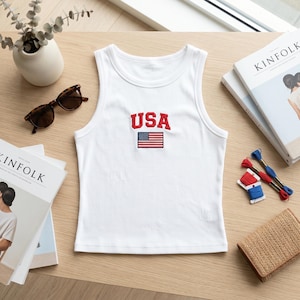 Embroidered USA  Tank Top, American Flag Spaghetti Strap, Patriotic Fourth Of July Shirt, Vintage Summer Outfit And Gift For Her