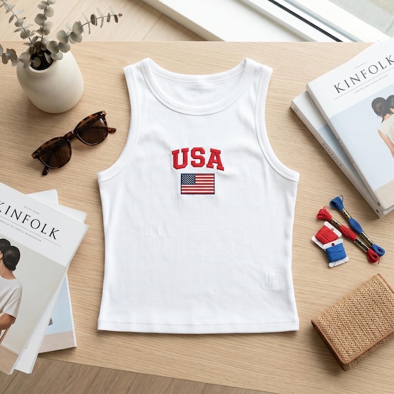 Embroidered USA  Tank Top, American Flag Spaghetti Strap, Patriotic Fourth Of July Shirt, Vintage Summer Outfit And Gift For Her