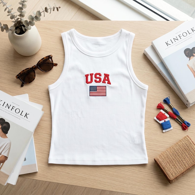 Embroidered USA Tank Top, American Flag Spaghetti Strap, Patriotic Fourth Of July Shirt, Vintage Summer Outfit And Gift For Her image 1