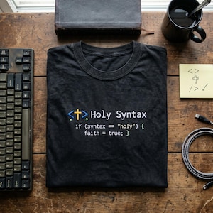 May include: A black crew neck t-shirt featuring the white text Holy Syntax and a code snippet that reads if (syntax == "holy") { faith = true; }. The design includes a yellow cross inside blue angle brackets, mimicking programming syntax.