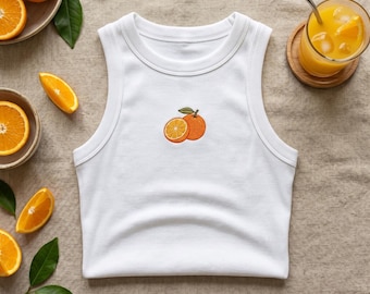 Besticktes Tank Top, Spaghetti-Träger, süßes Orangenscheiben Shirt, Zitrusfrucht Top, Sommergeschenk für sie, Obstliebhaber Grafik-T-Shirt