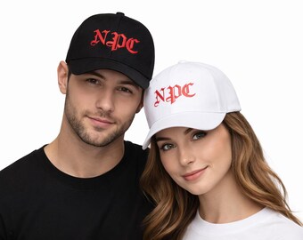 NPC Embroidered Cap, Black White Snapback Hat, Streetwear Hat, Gothic Font Cap, Y2K Aesthetic Hat, Trendy Meme Hat