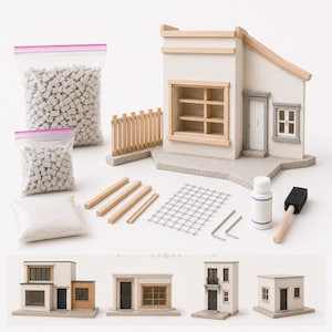 Mini Construction Kit - Includes Bricks - Cement - Doors - Windows - Wood Forms - Ultra Realistic  - Diorama